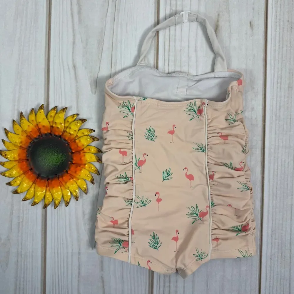 Janie and Jack Girls Flamingo Palm Halter One Piece Swimsuit Peach‎ 18-24 Months